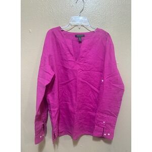 Lauren Ralph Lauren Women's Pink 100% Linen Roll‎ Tab Sleeve Top Blouse
